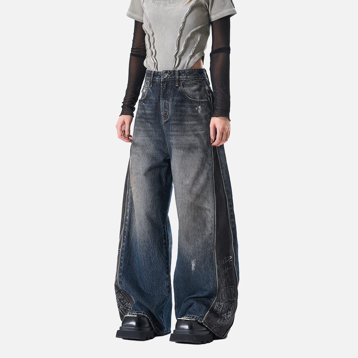 Distressed Wide-Leg Denim with Abstract Panels Jeans