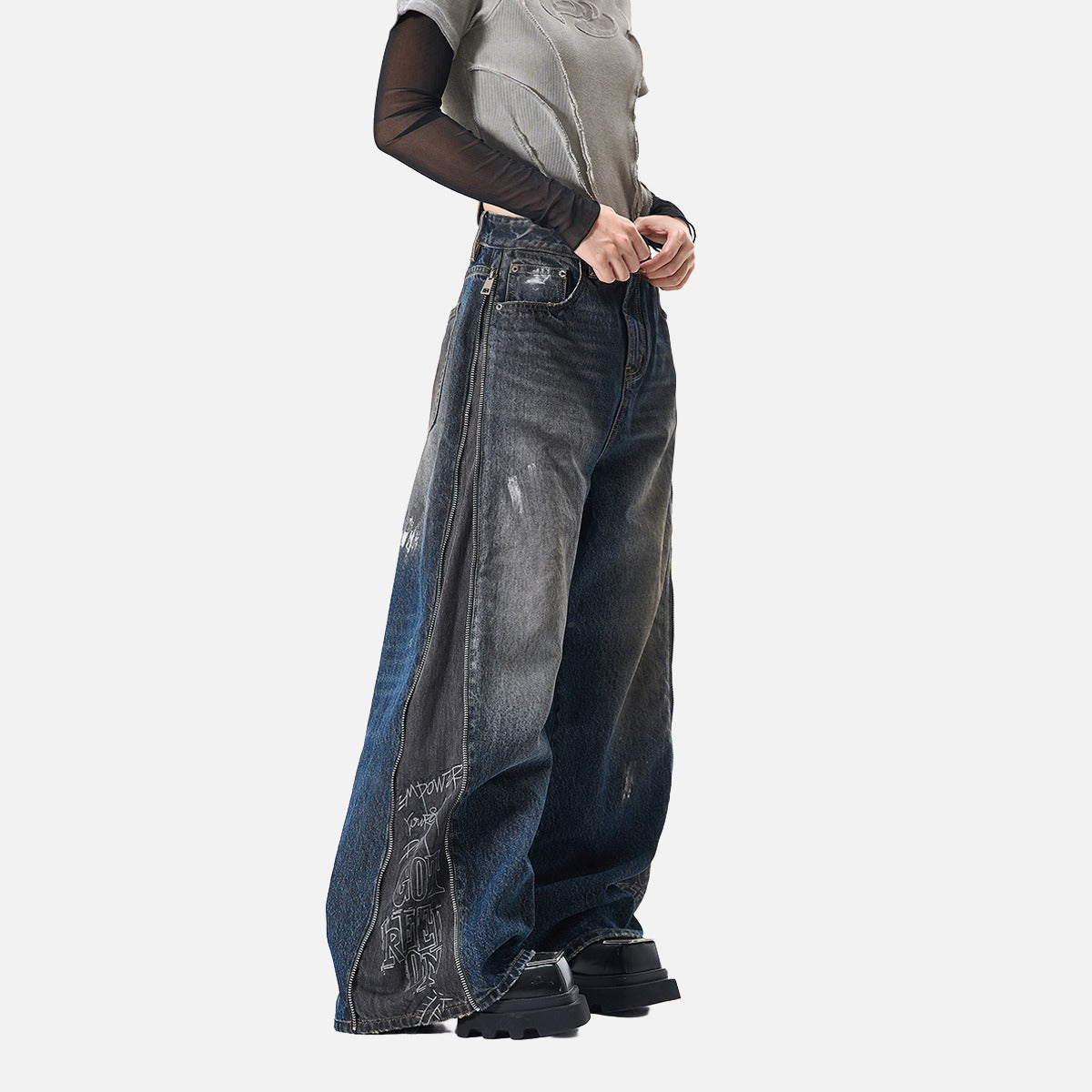 Distressed Wide-Leg Denim with Abstract Panels Jeans