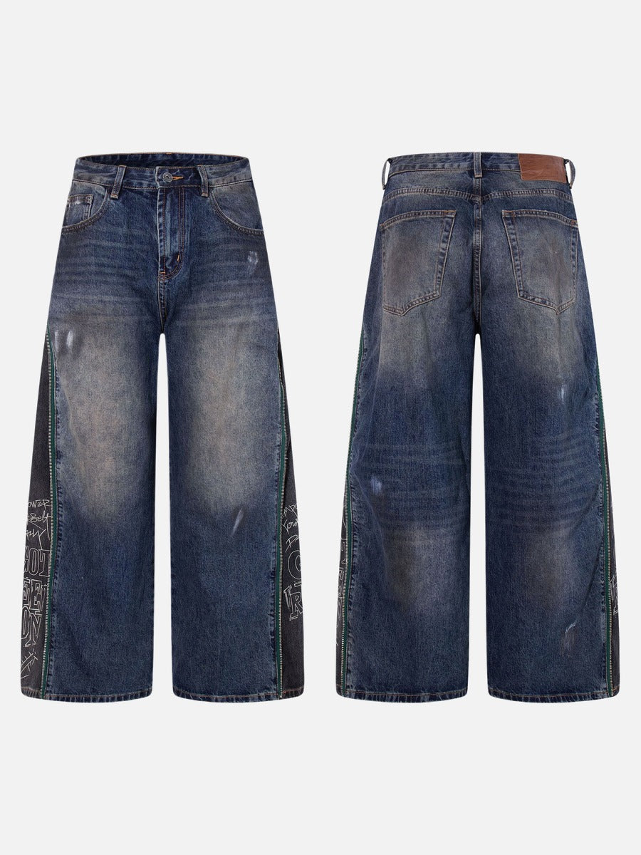 Distressed Wide-Leg Denim with Abstract Panels Jeans