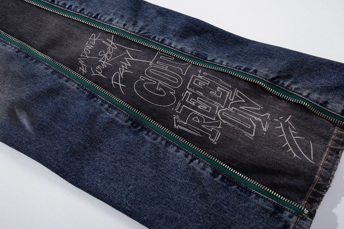 Distressed Wide-Leg Denim with Abstract Panels Jeans