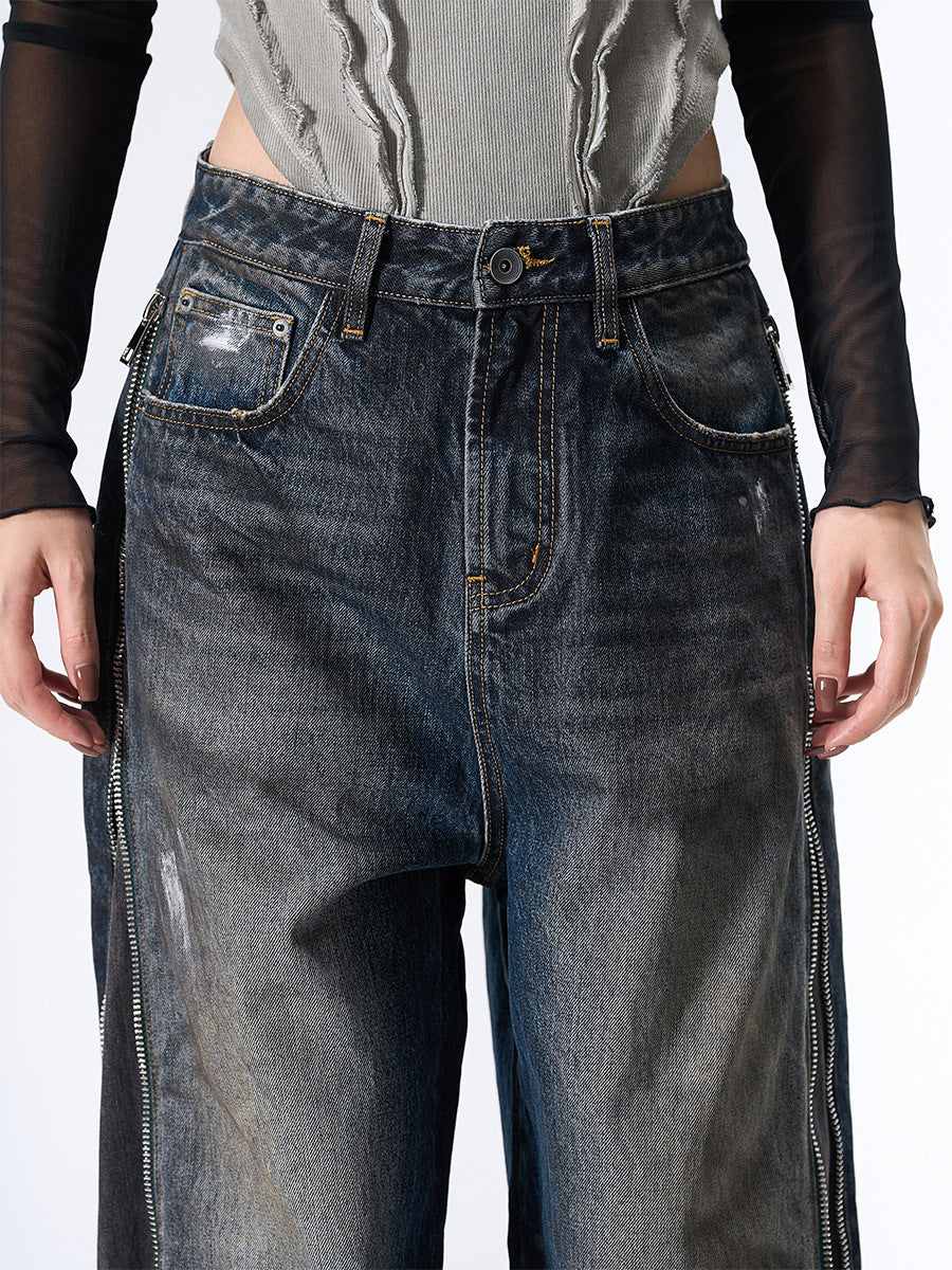 Distressed Wide-Leg Denim with Abstract Panels Jeans