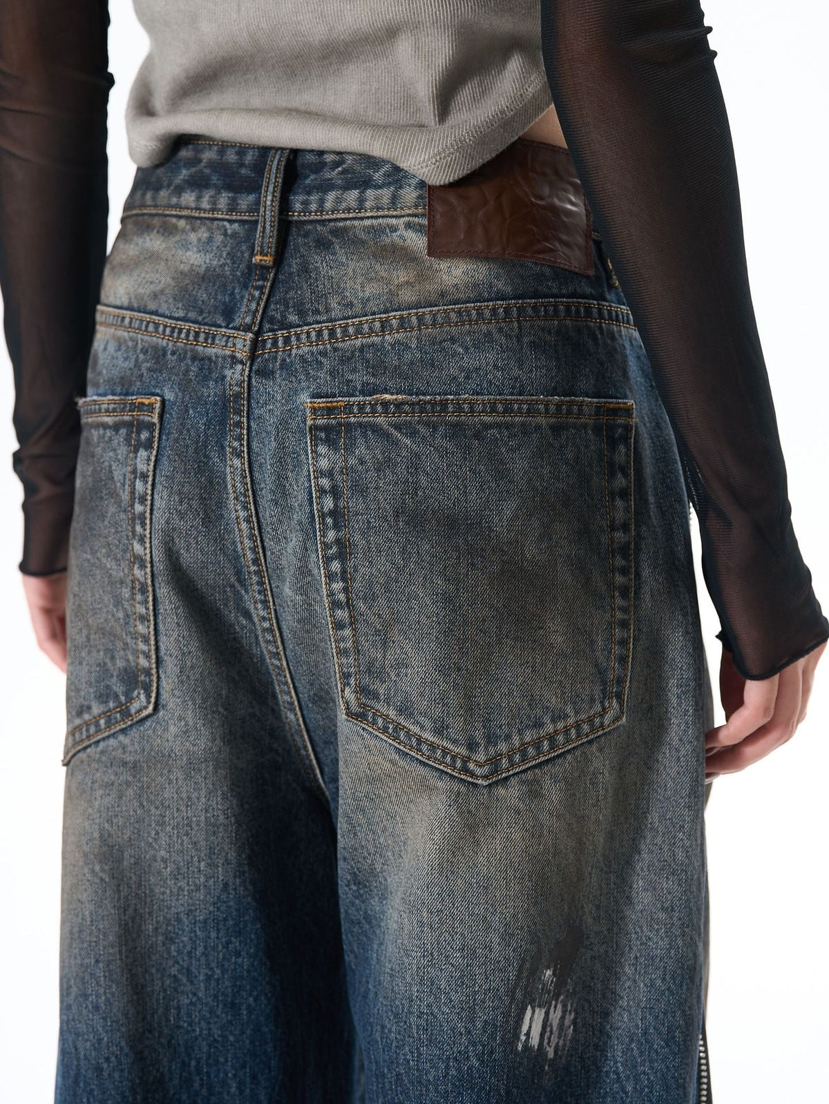Distressed Wide-Leg Denim with Abstract Panels Jeans