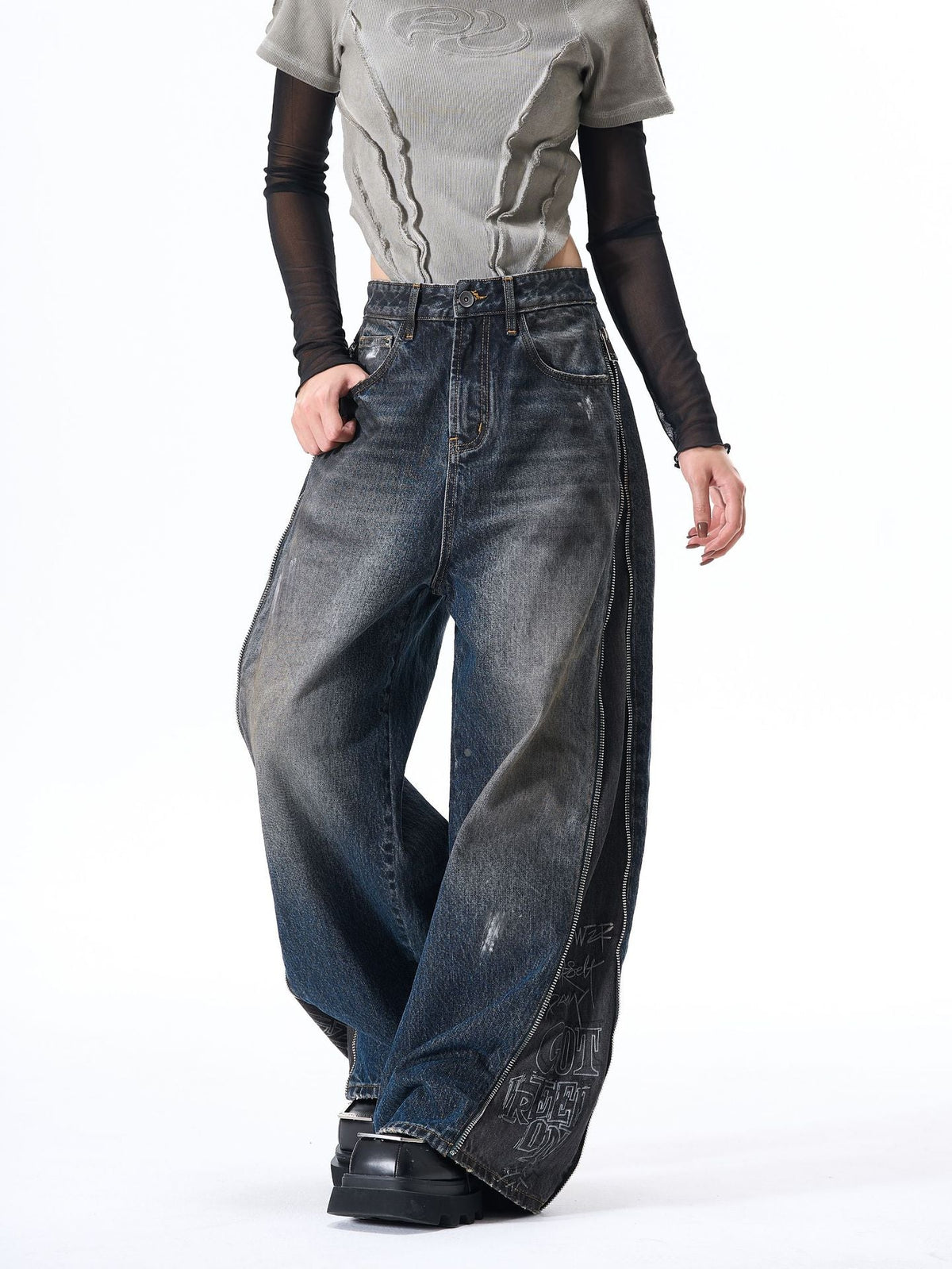 Distressed Wide-Leg Denim with Abstract Panels Jeans