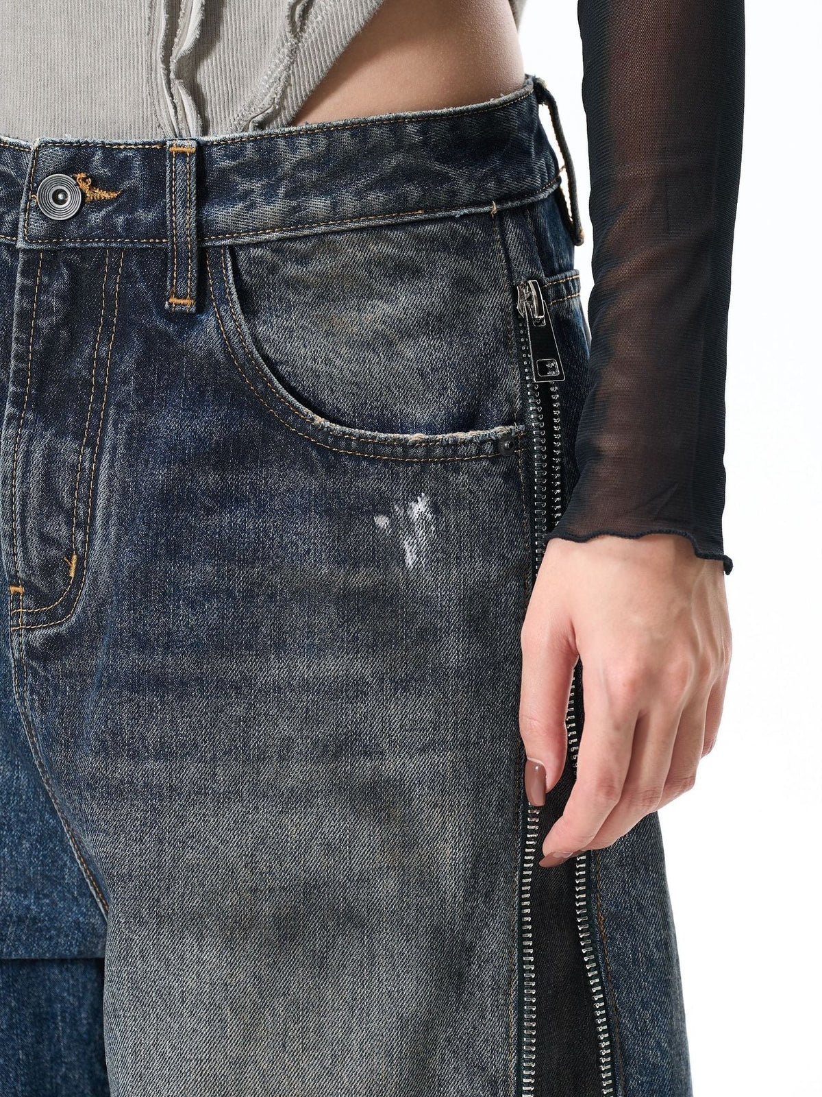 Distressed Wide-Leg Denim with Abstract Panels Jeans