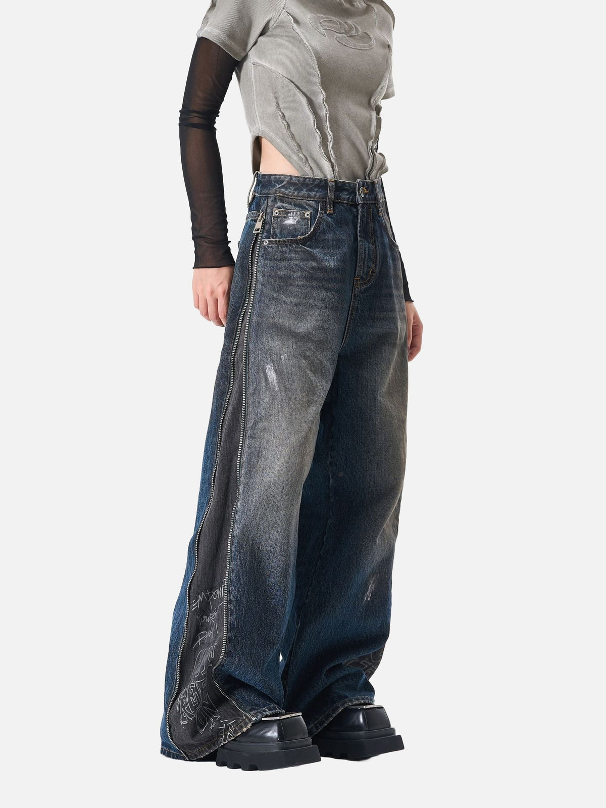 Distressed Wide-Leg Denim with Abstract Panels Jeans