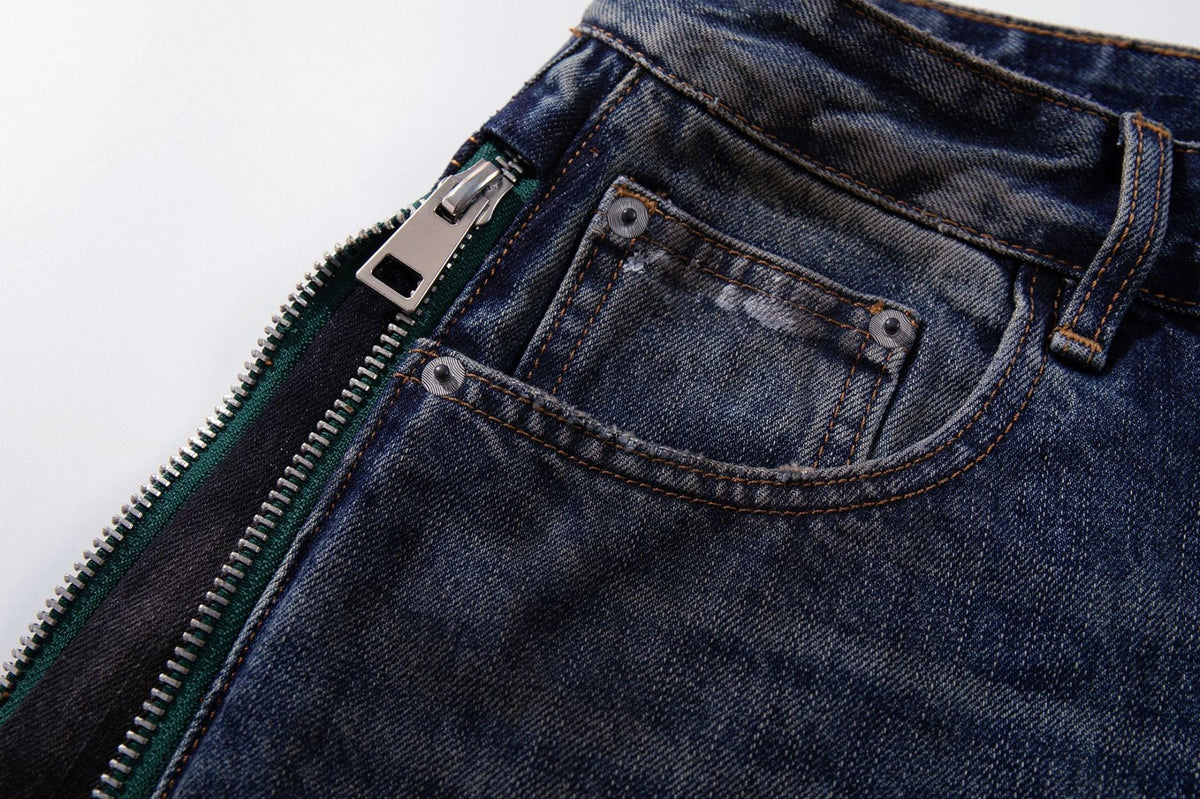 Distressed Wide-Leg Denim with Abstract Panels Jeans