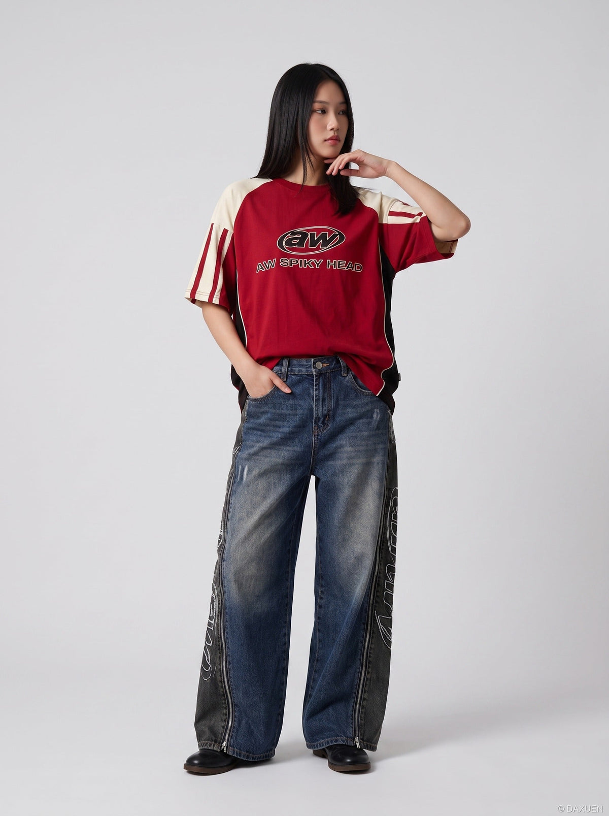 Distressed Wide-Leg Denim with Abstract Panels Jeans