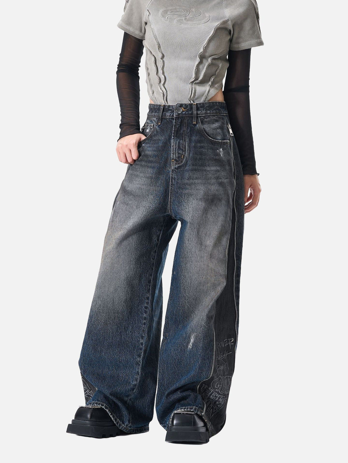 Distressed Wide-Leg Denim with Abstract Panels Jeans