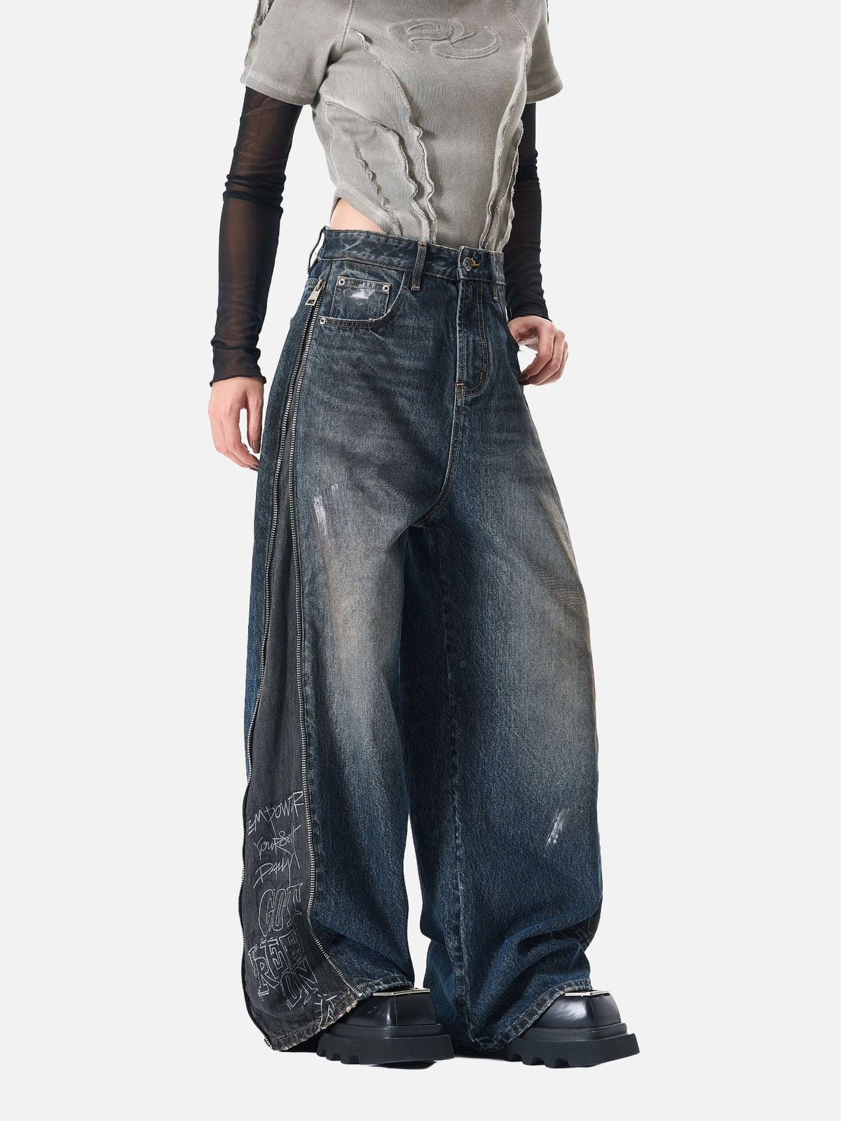 Distressed Wide-Leg Denim with Abstract Panels Jeans