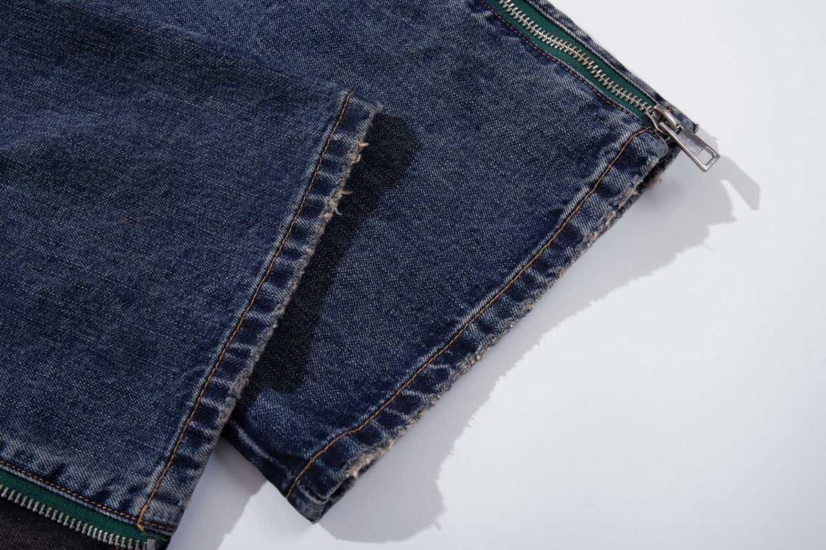 Distressed Wide-Leg Denim with Abstract Panels Jeans