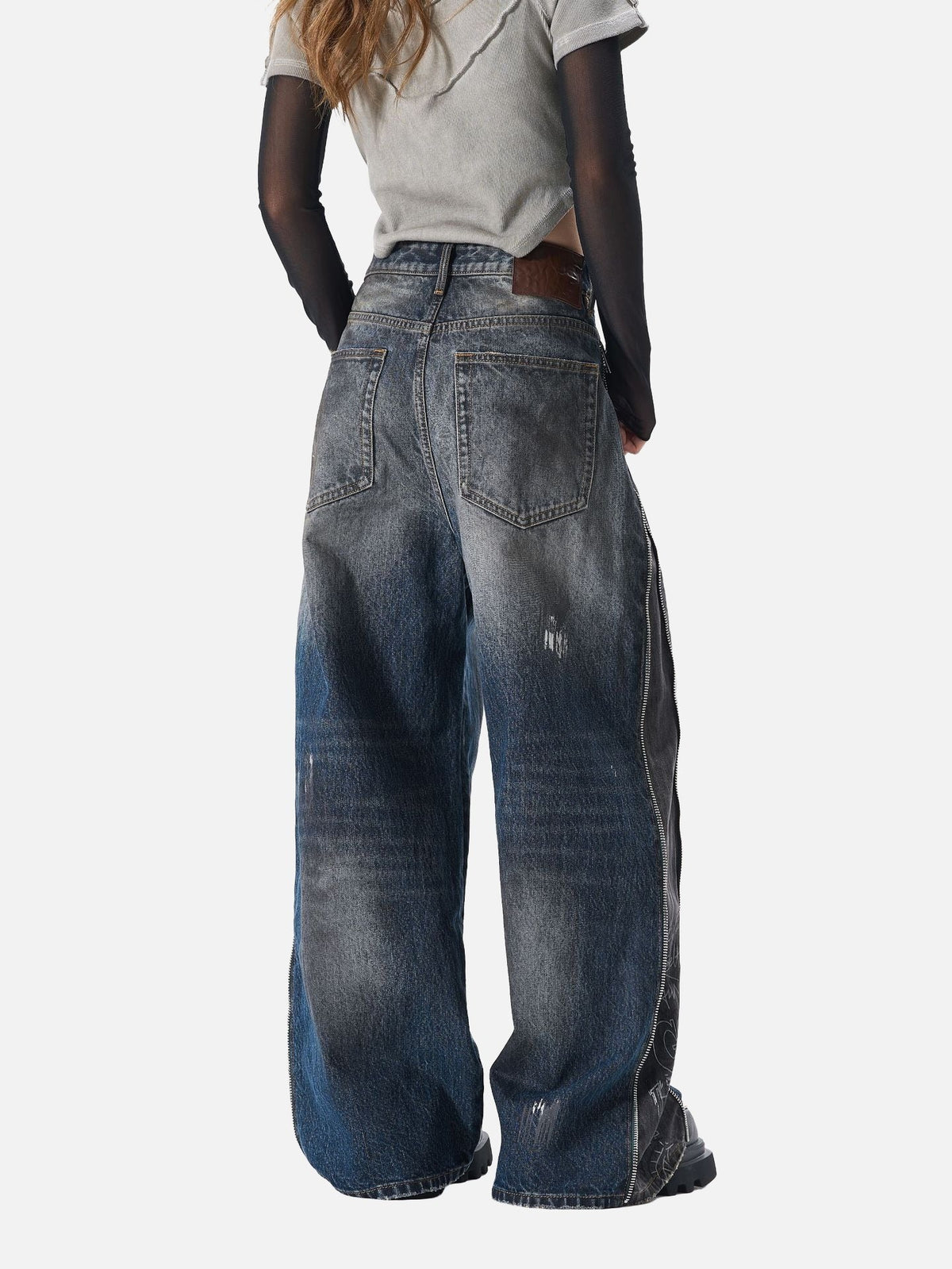 Distressed Wide-Leg Denim with Abstract Panels Jeans