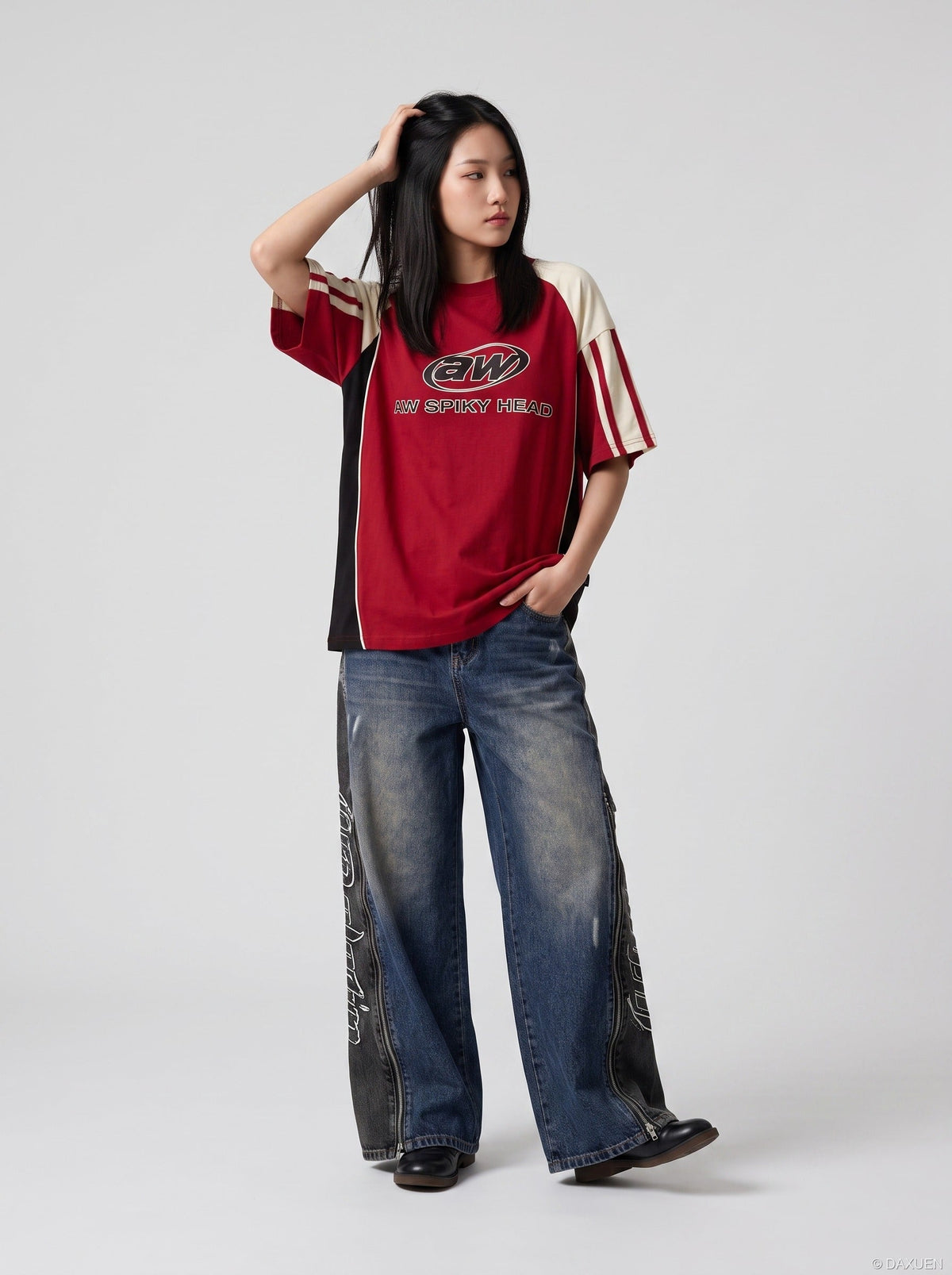 Distressed Wide-Leg Denim with Abstract Panels Jeans