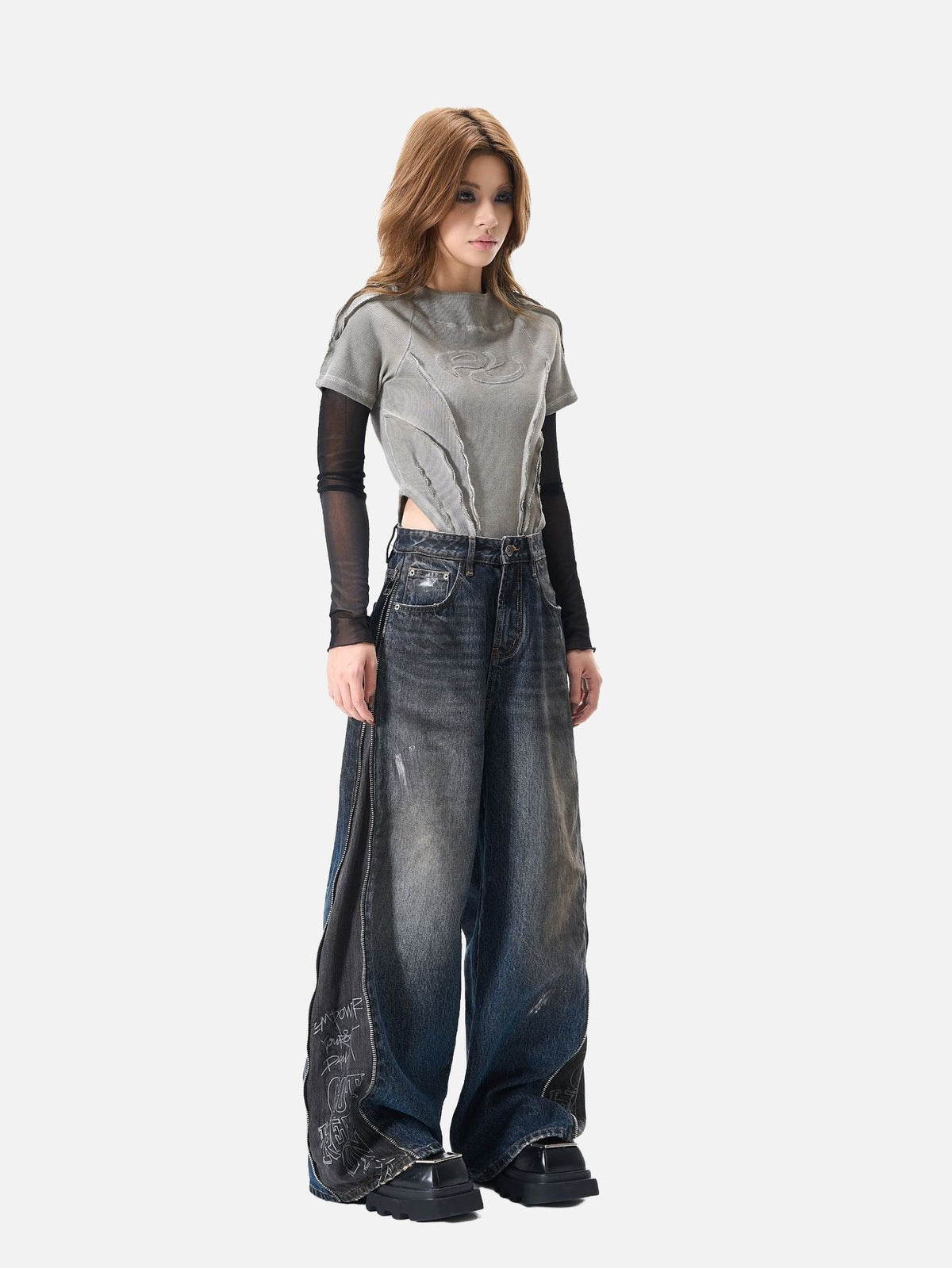Distressed Wide-Leg Denim with Abstract Panels Jeans