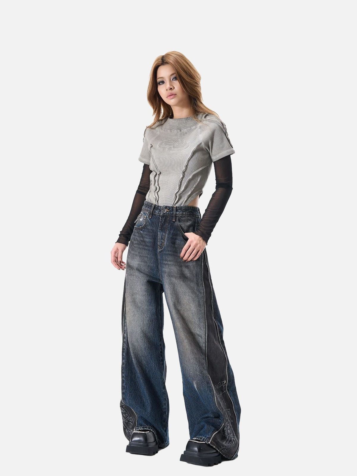 Distressed Wide-Leg Denim with Abstract Panels Jeans