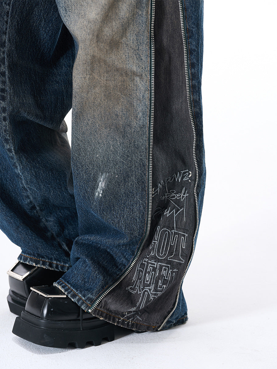 Distressed Wide-Leg Denim with Abstract Panels Jeans