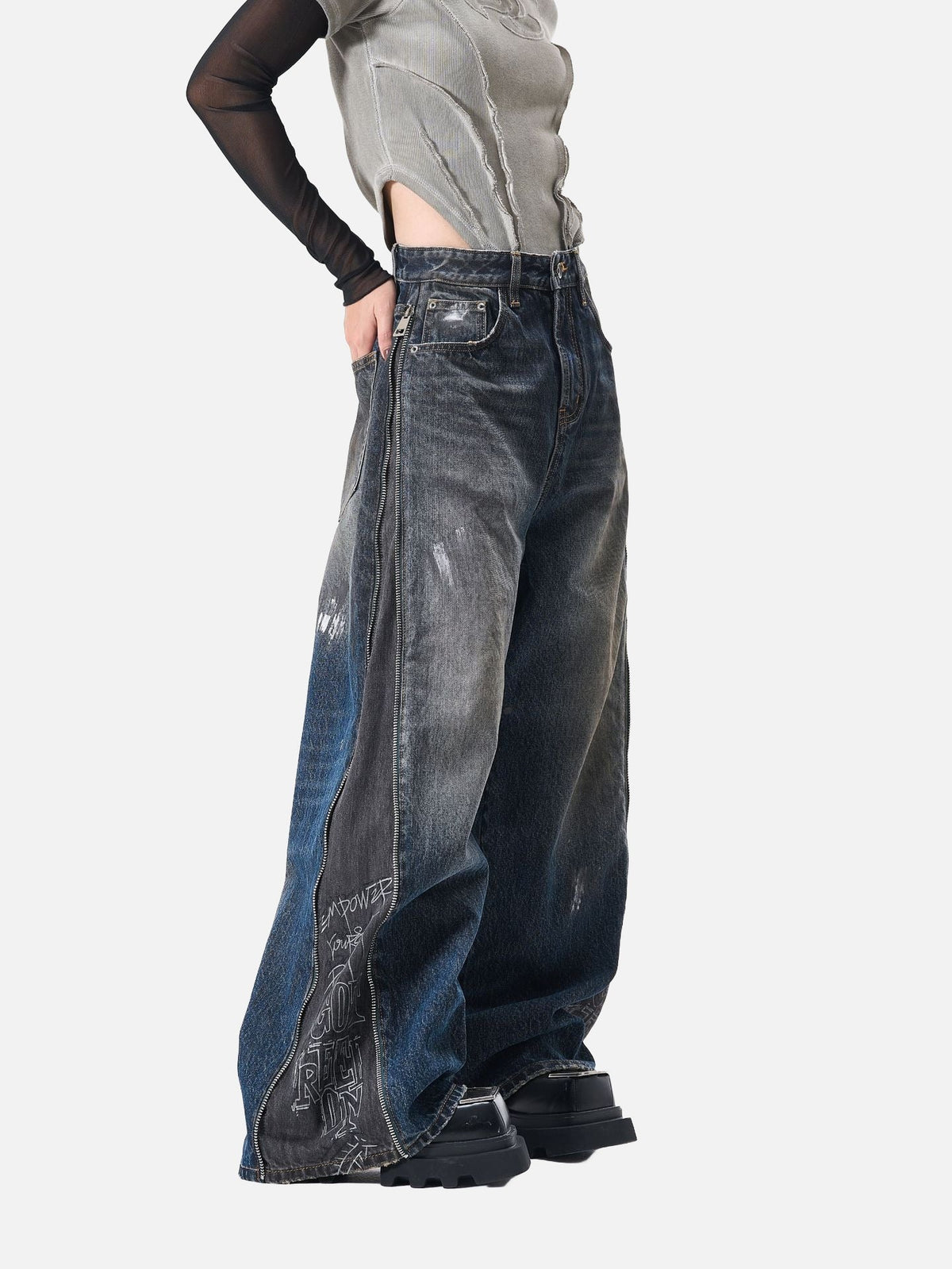 Distressed Wide-Leg Denim with Abstract Panels Jeans