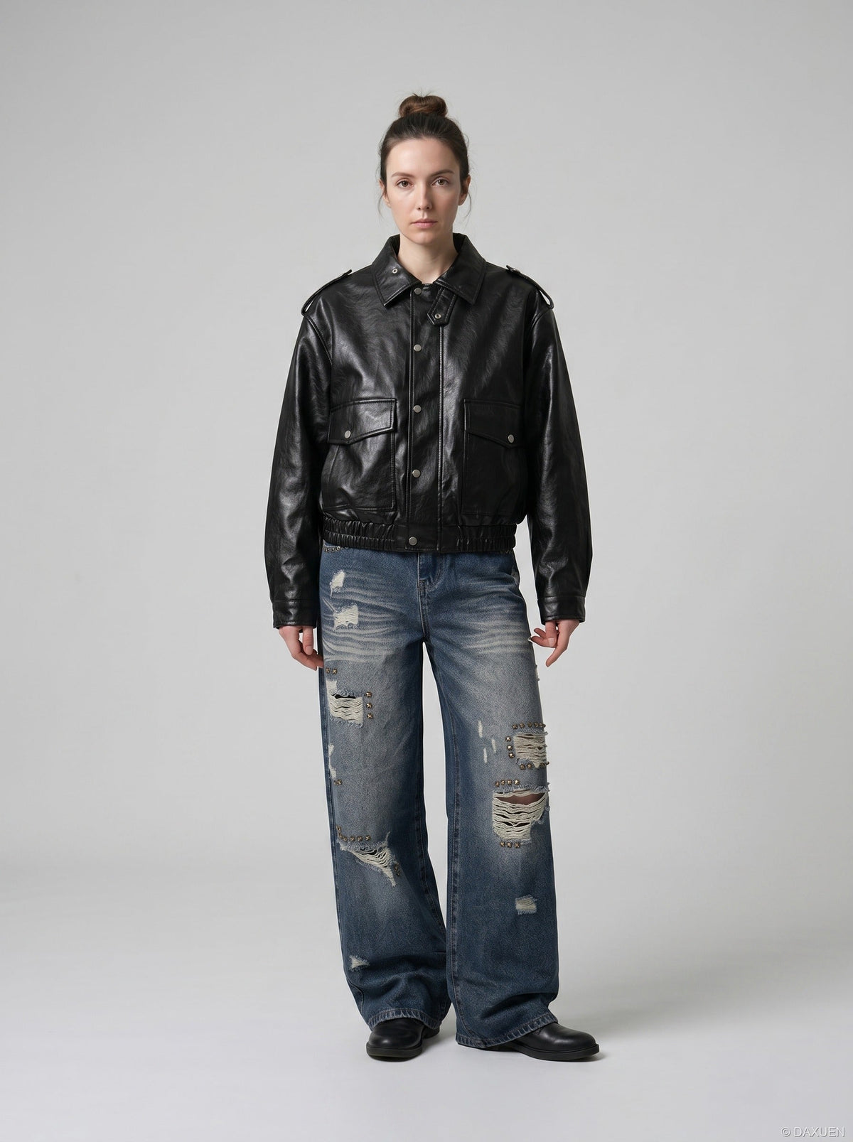 Away End Studded Distressed Wide Jeans