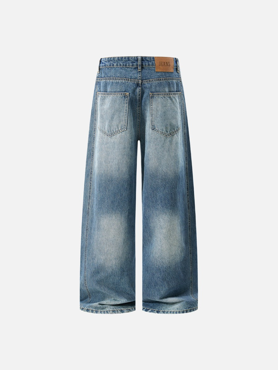 Distressed Wide-Leg Faded Blue Denim Jeans