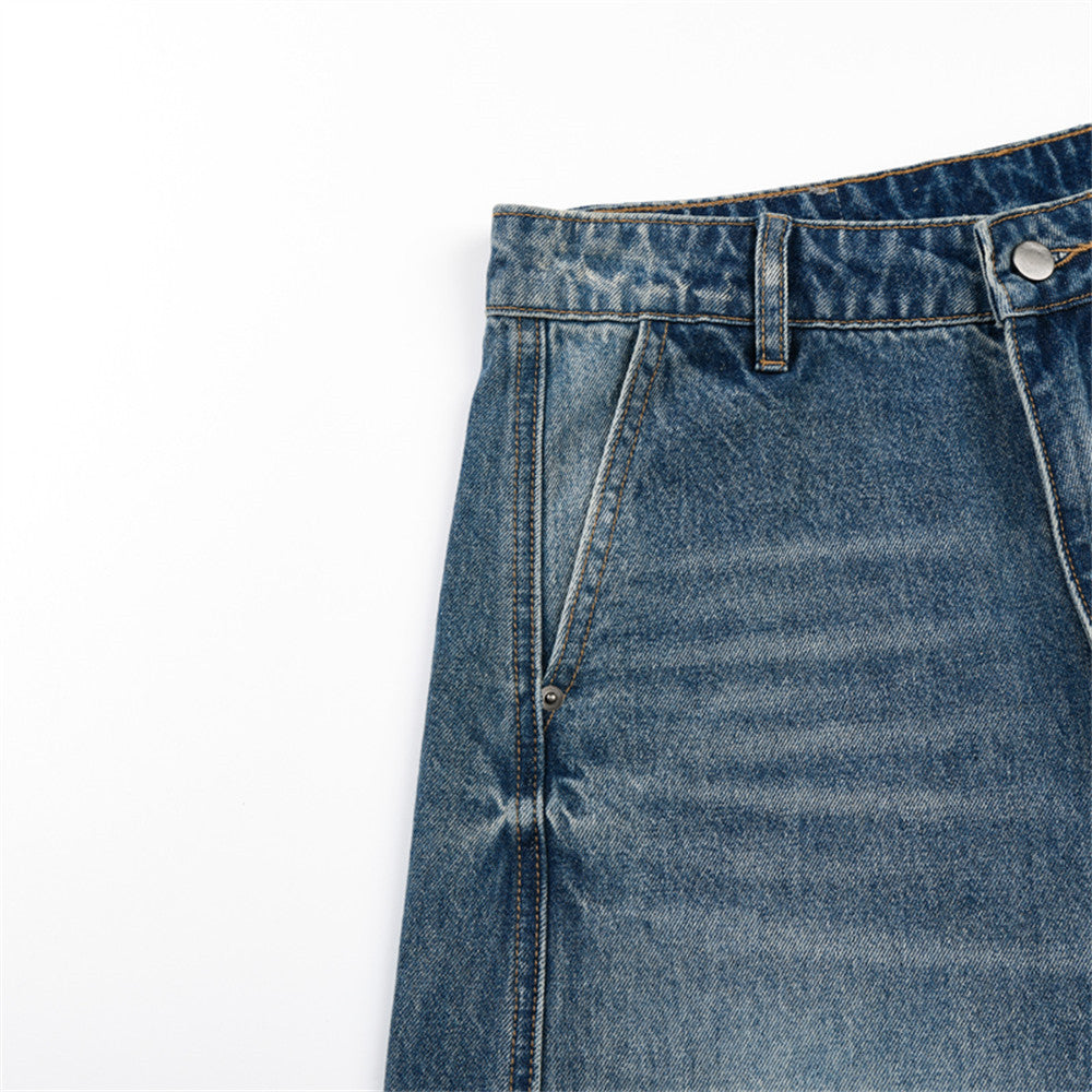 Distressed Wide-Leg Faded Blue Denim Jeans