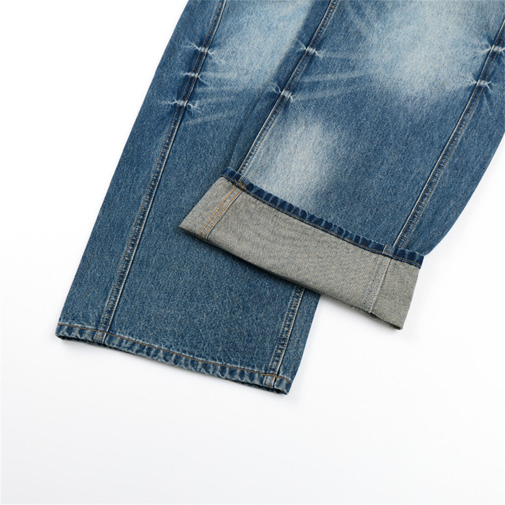 Distressed Wide-Leg Faded Blue Denim Jeans