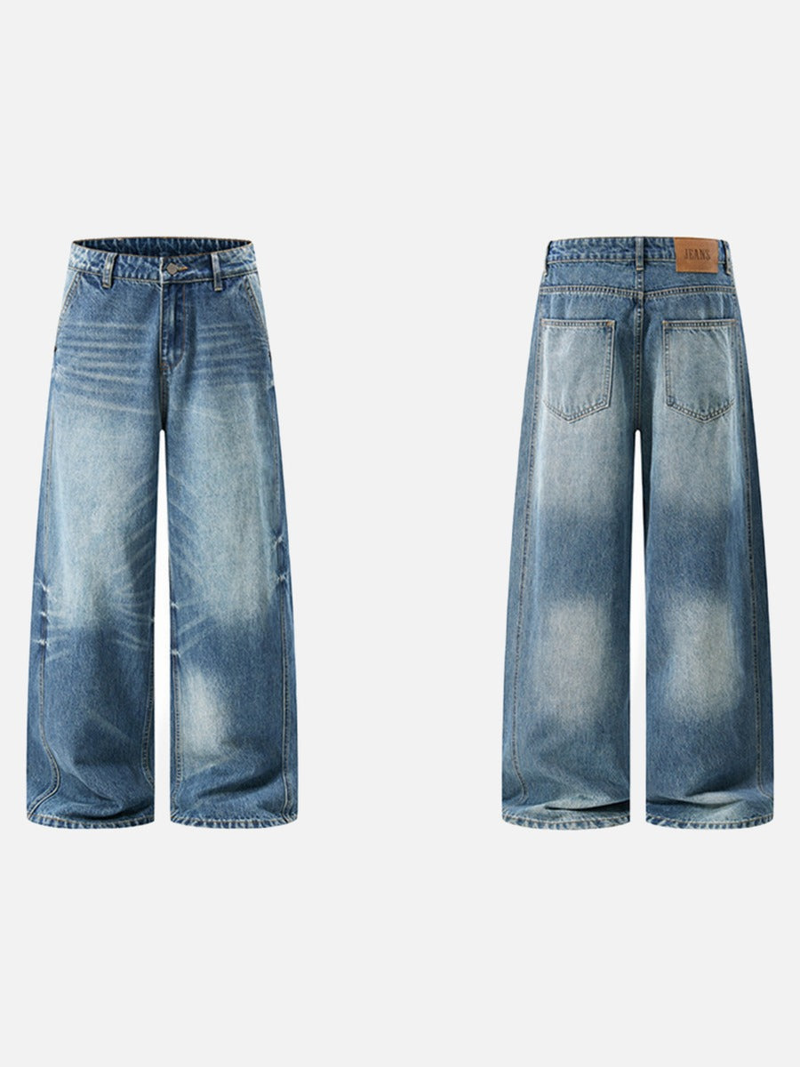 Distressed Wide-Leg Faded Blue Denim Jeans