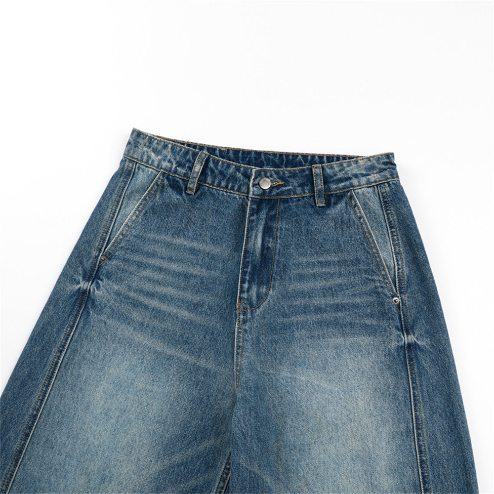 Distressed Wide-Leg Faded Blue Denim Jeans
