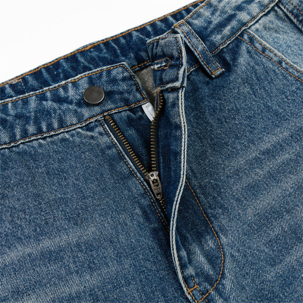 Distressed Wide-Leg Faded Blue Denim Jeans
