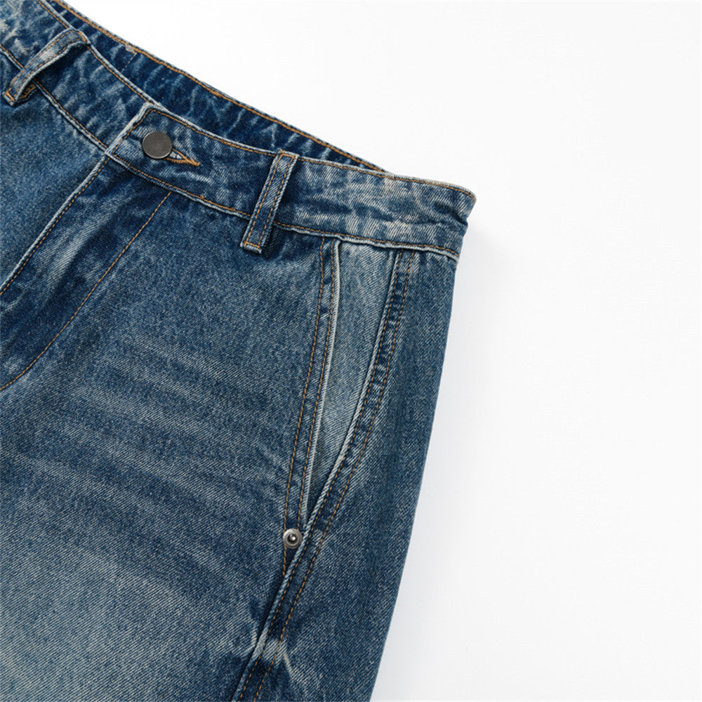 Distressed Wide-Leg Faded Blue Denim Jeans
