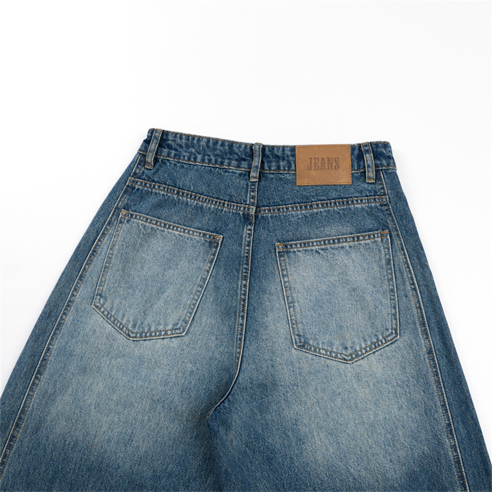Distressed Wide-Leg Faded Blue Denim Jeans