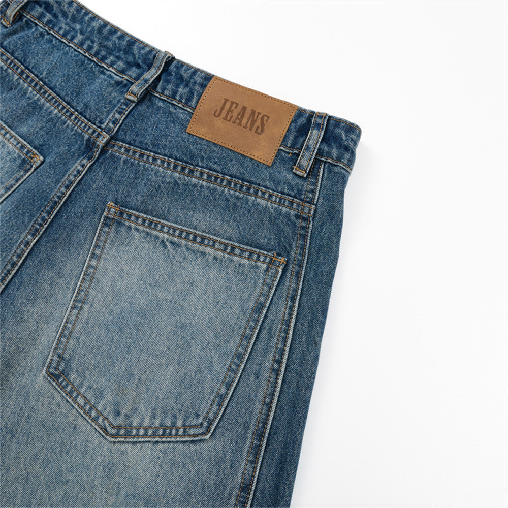 Distressed Wide-Leg Faded Blue Denim Jeans