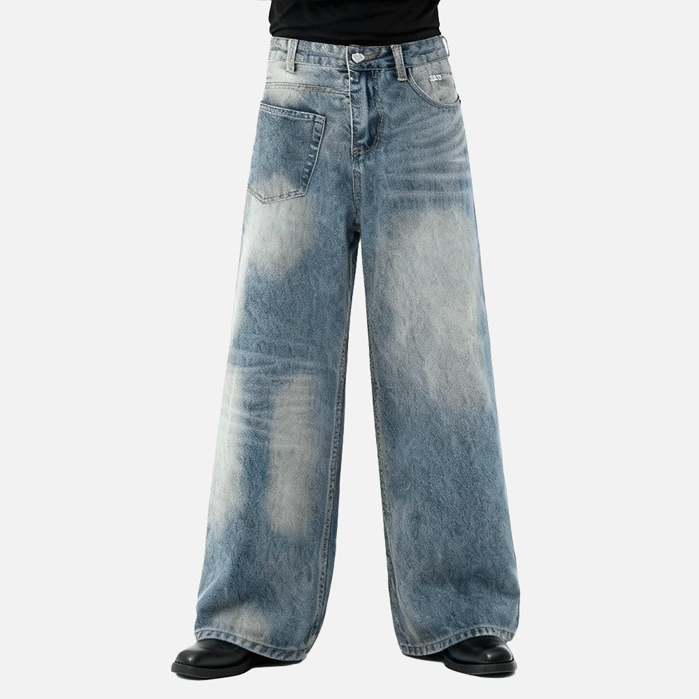Distressed Wide-Leg Medium Blue Denim Jeans