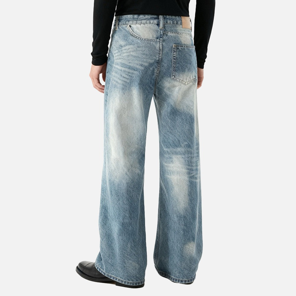 Distressed Wide-Leg Medium Blue Denim Jeans
