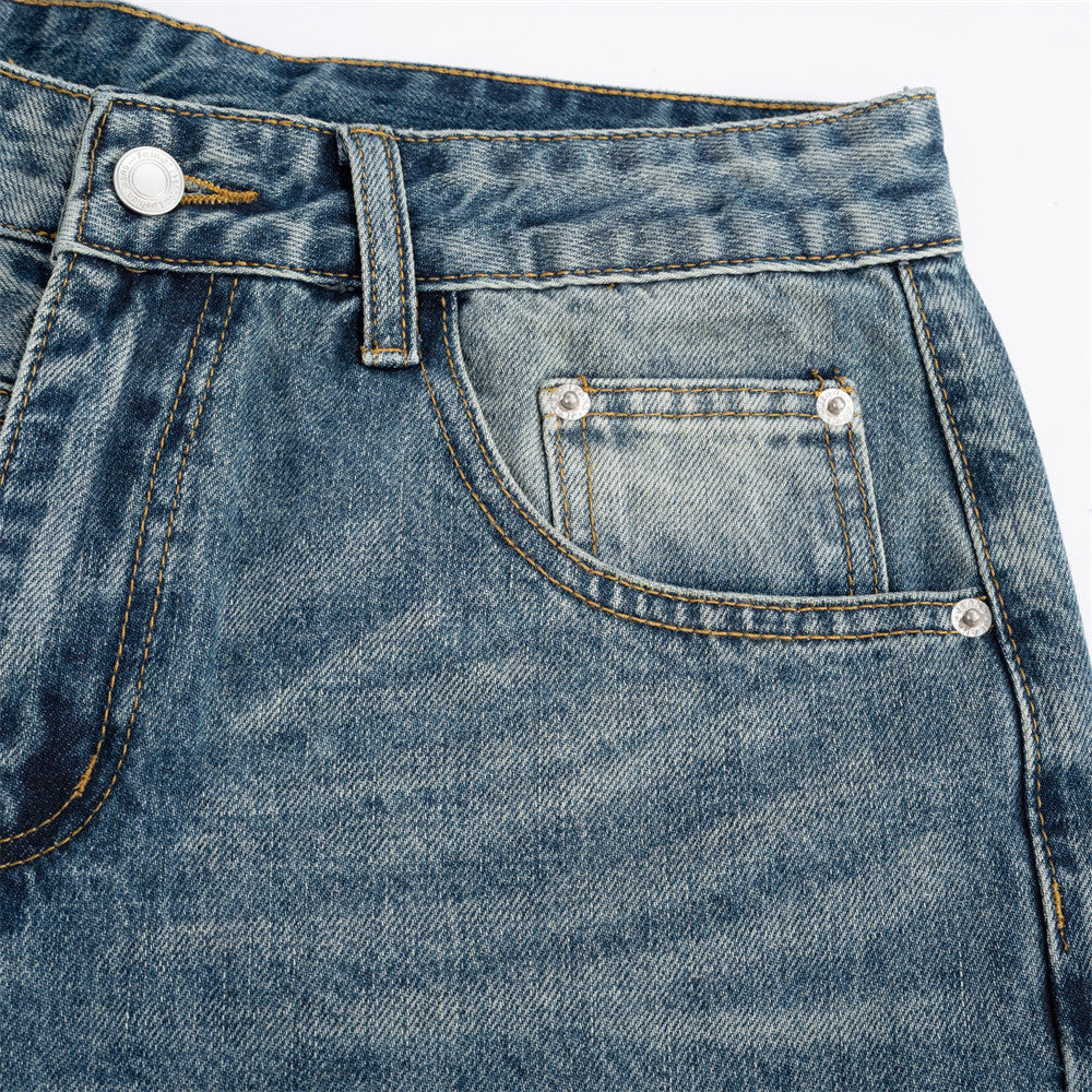 Distressed Wide-Leg Medium Blue Denim Jeans