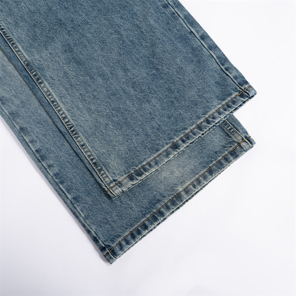 Distressed Wide-Leg Medium Blue Denim Jeans