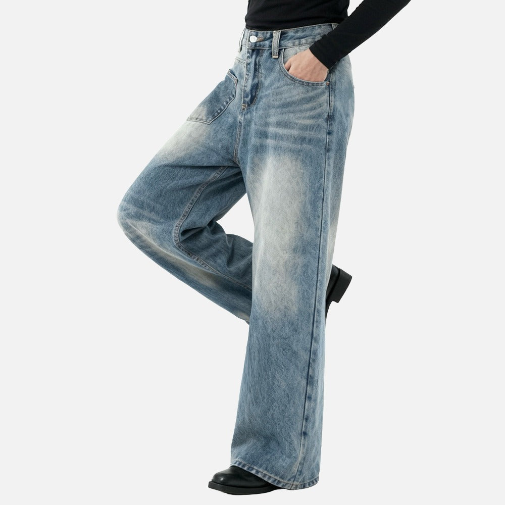 Distressed Wide-Leg Medium Blue Denim Jeans
