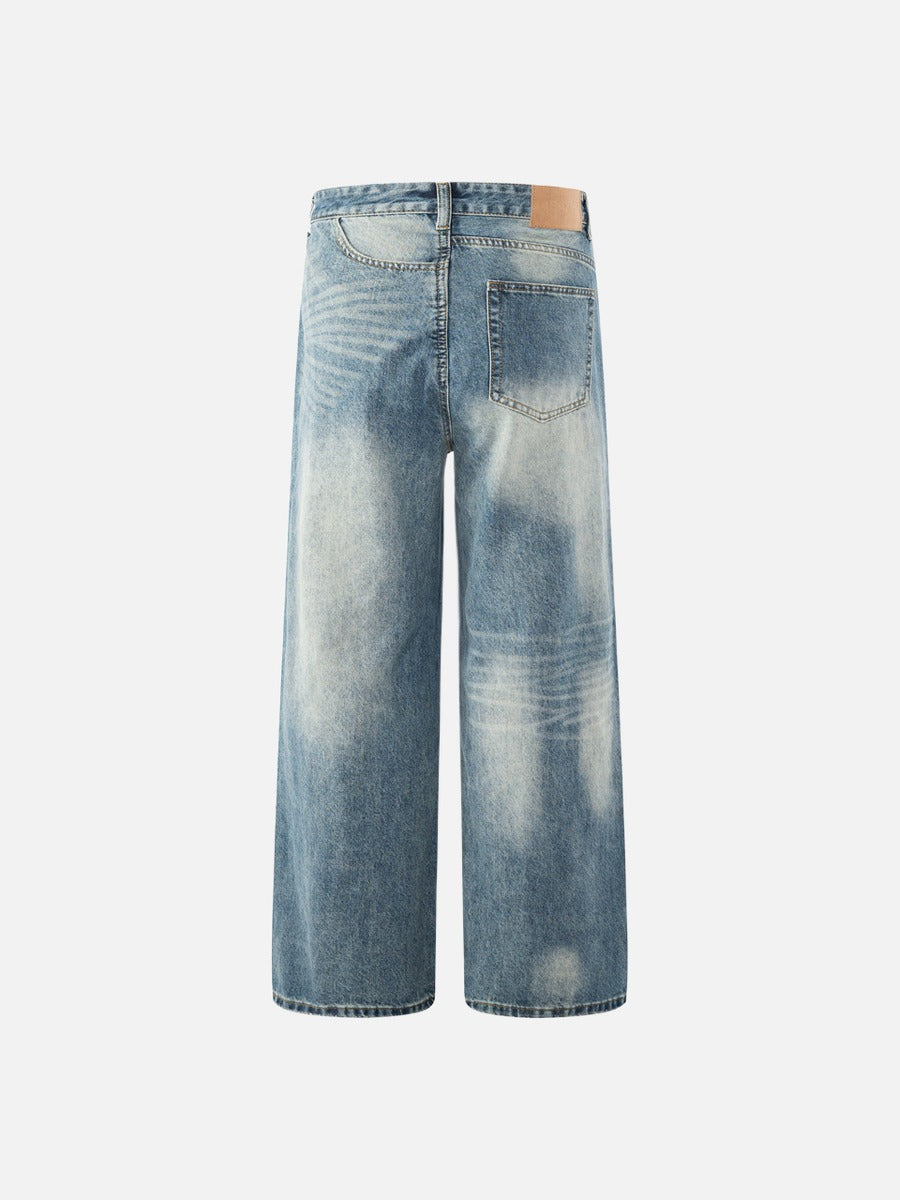 Distressed Wide-Leg Medium Blue Denim Jeans