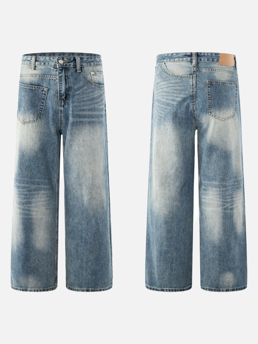 Distressed Wide-Leg Medium Blue Denim Jeans