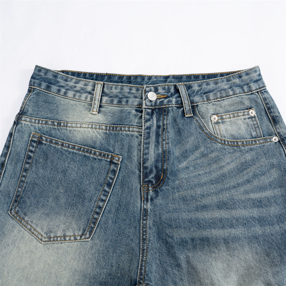 Distressed Wide-Leg Medium Blue Denim Jeans
