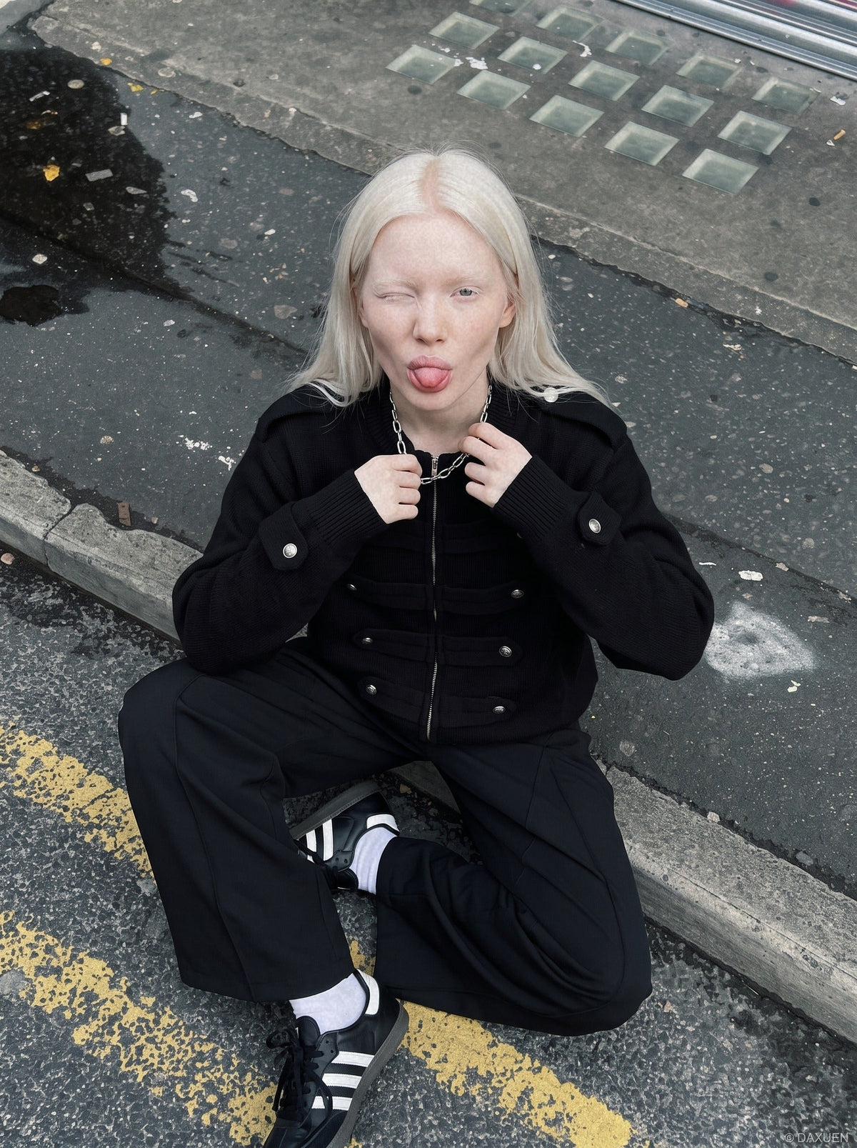 DAXUEN black oversized double-breasted military cardigan sweater — model photo