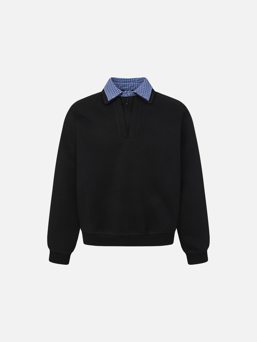 Contrasting Plaid Inner-Collar Long-Sleeve Sweatshirt