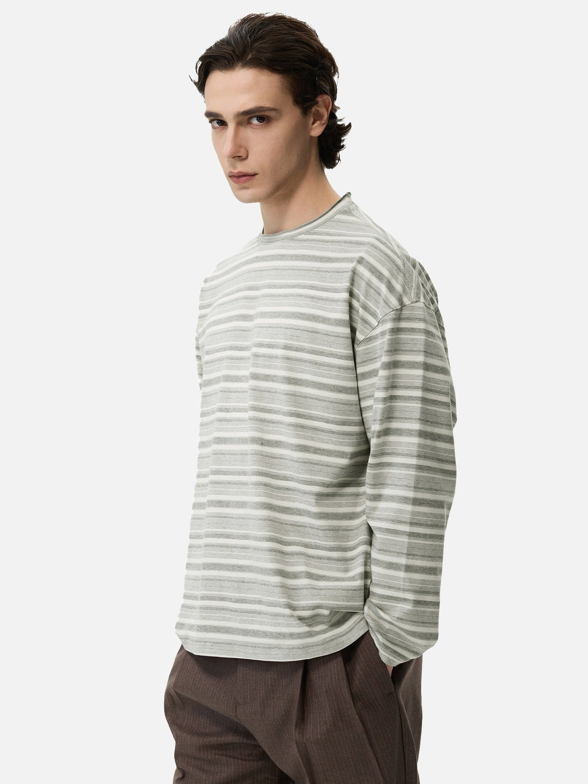 Dual Grey Striped Oversized Long Sleeve T-Shirt