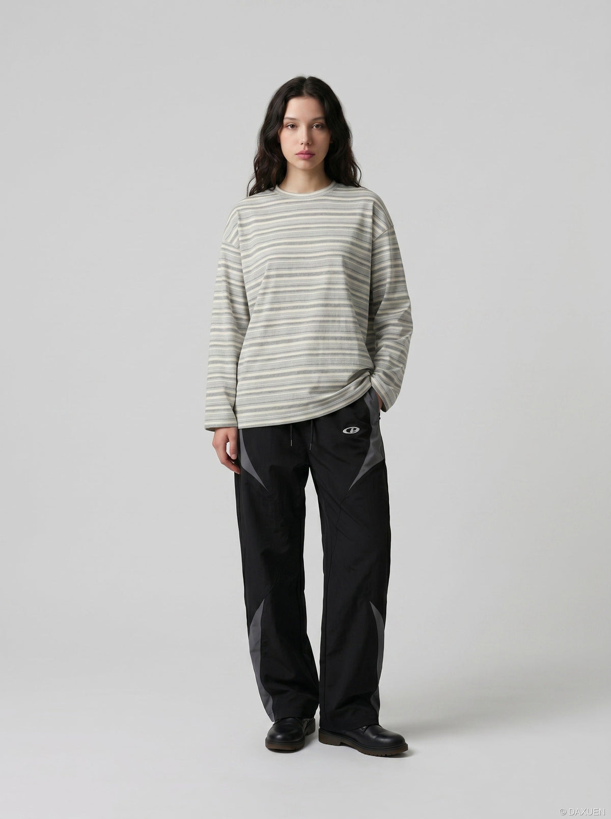 Dual Grey Striped Oversized Long Sleeve T-Shirt