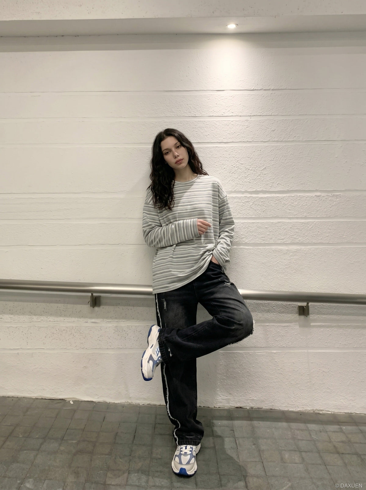 Dual Grey Striped Oversized Long Sleeve T-Shirt