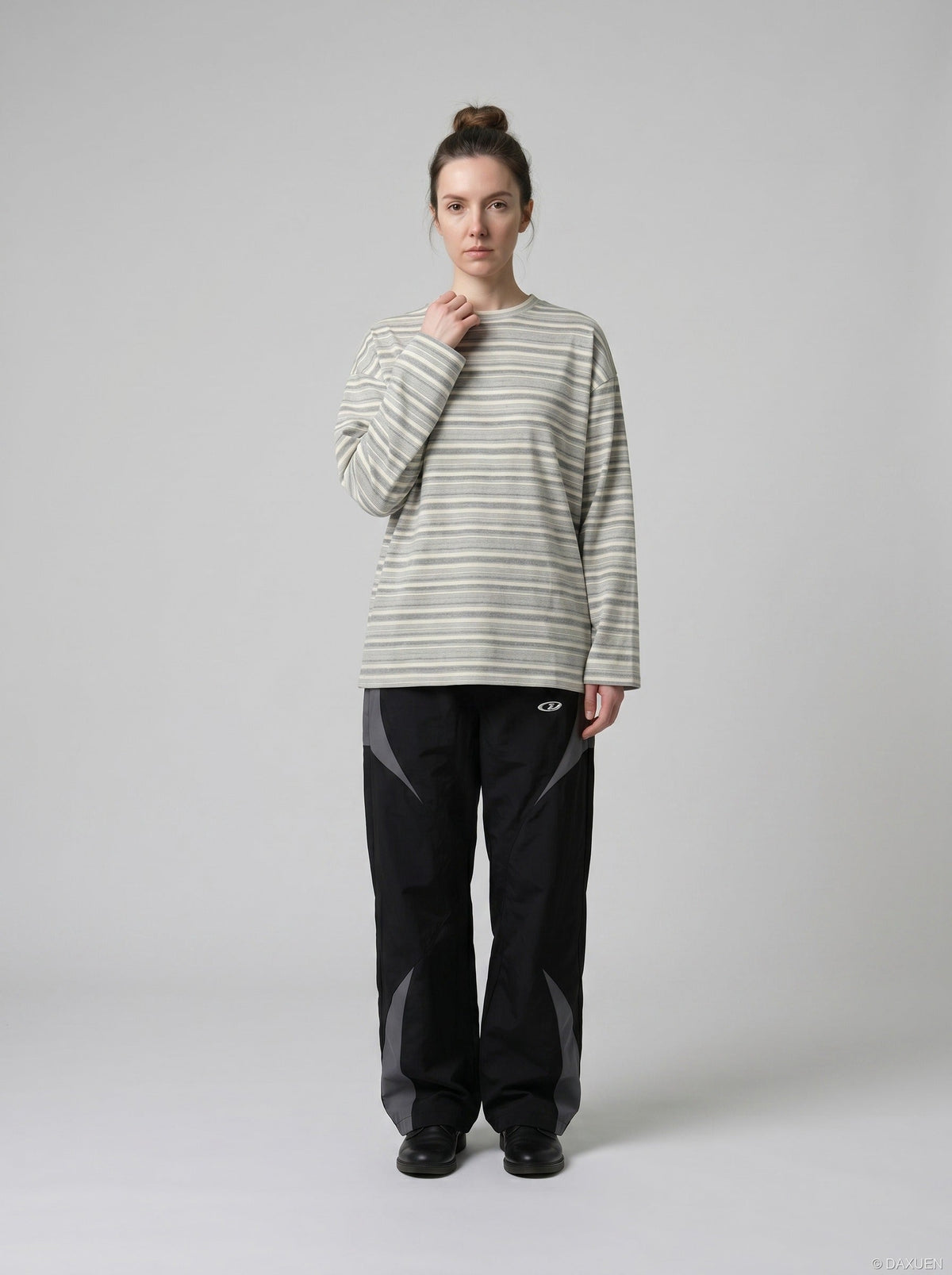 Dual Grey Striped Oversized Long Sleeve T-Shirt