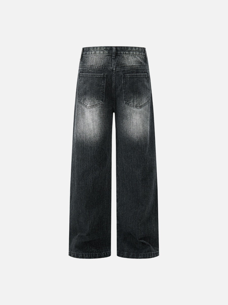 Faded Black Distressed Wide-Leg Jeans