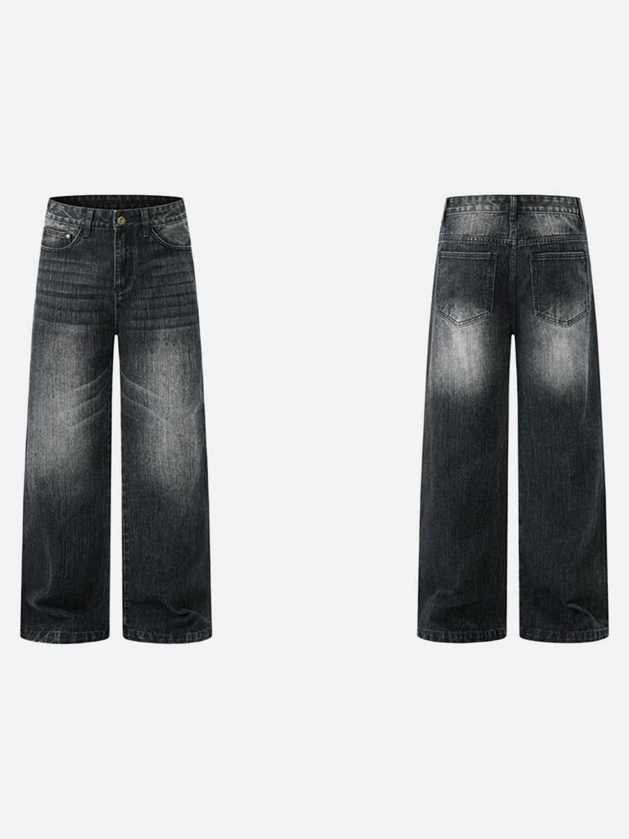 Faded Black Distressed Wide-Leg Jeans