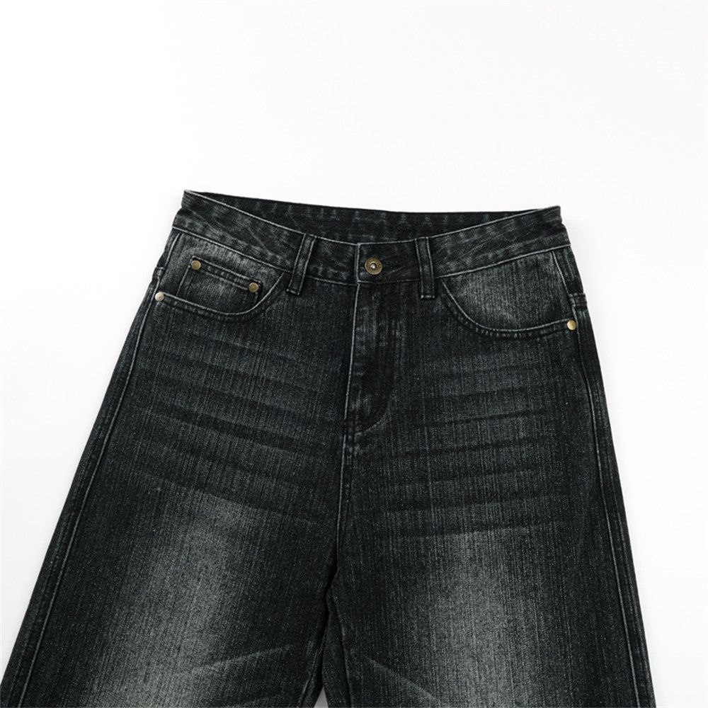 Faded Black Distressed Wide-Leg Jeans