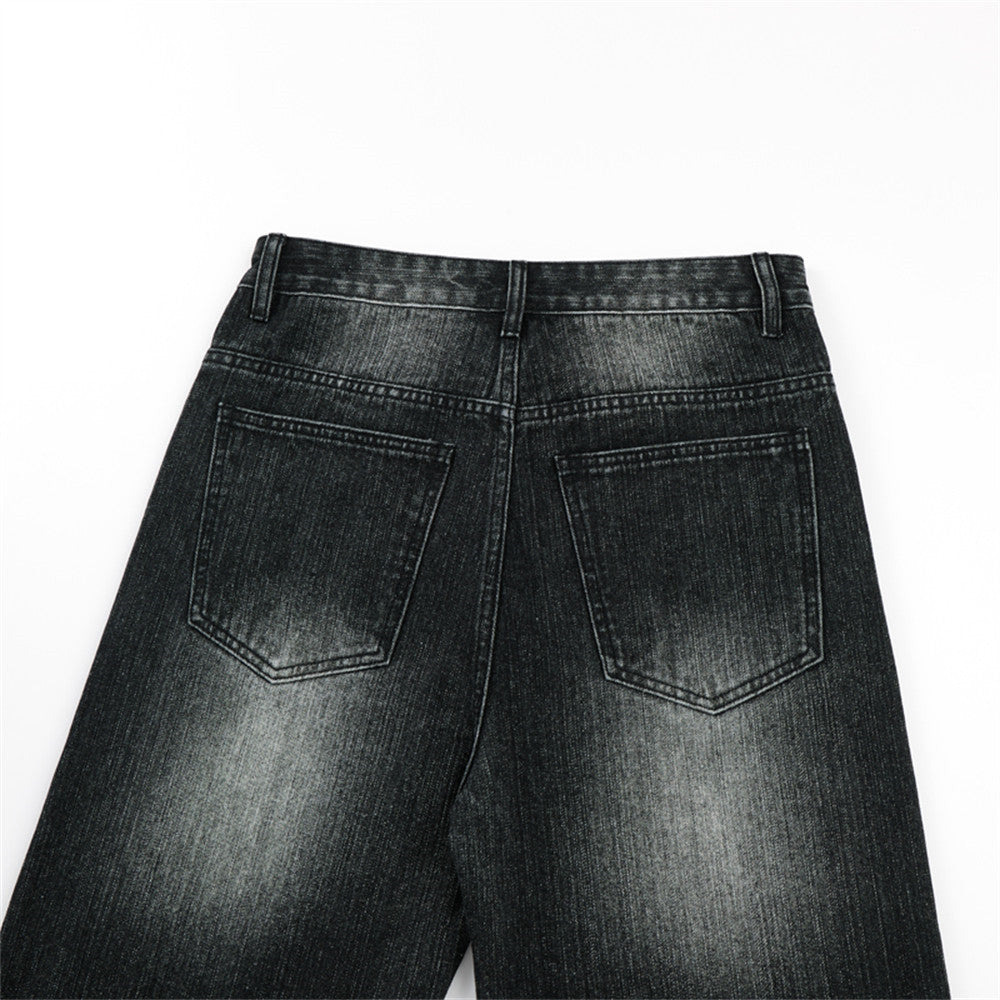 Faded Black Distressed Wide-Leg Jeans