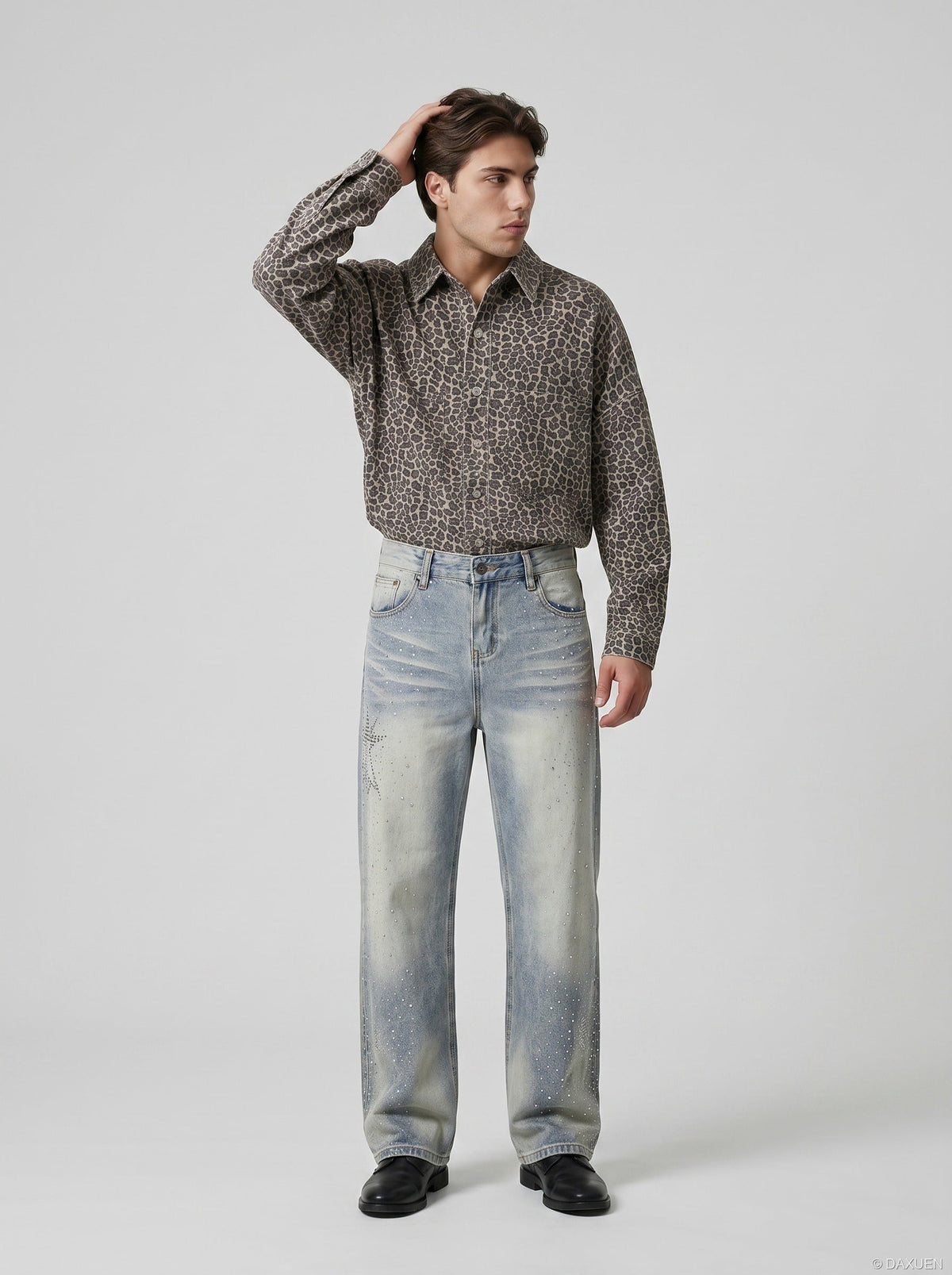 Faded Blue Denim Wide-Leg Jeans