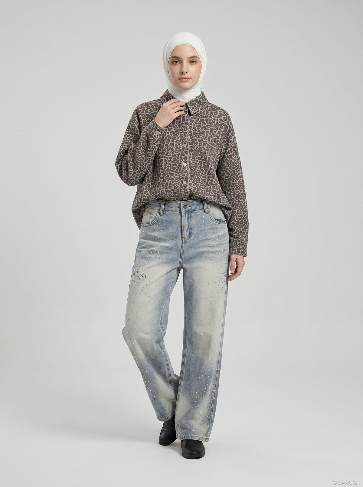 Faded Blue Denim Wide-Leg Jeans